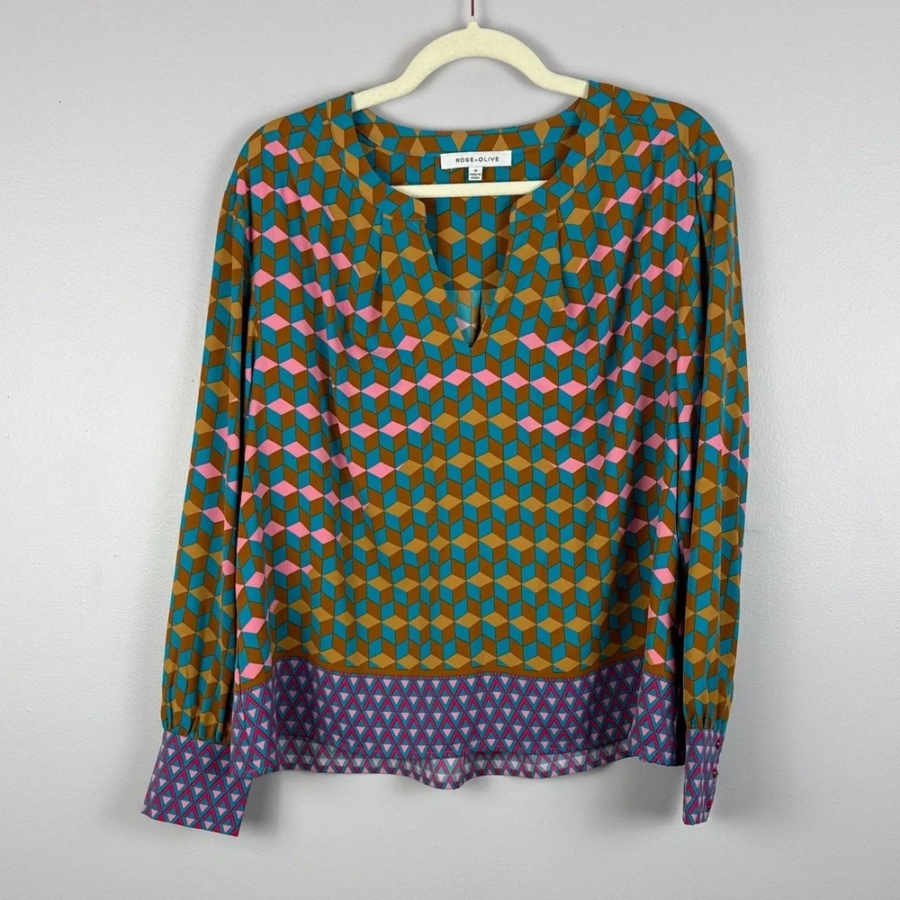 Rose & Olive Vibrant Multicolor Geometric Long Sleeve Cuff Hem Detail Med Blouse - Picture 2 of 11